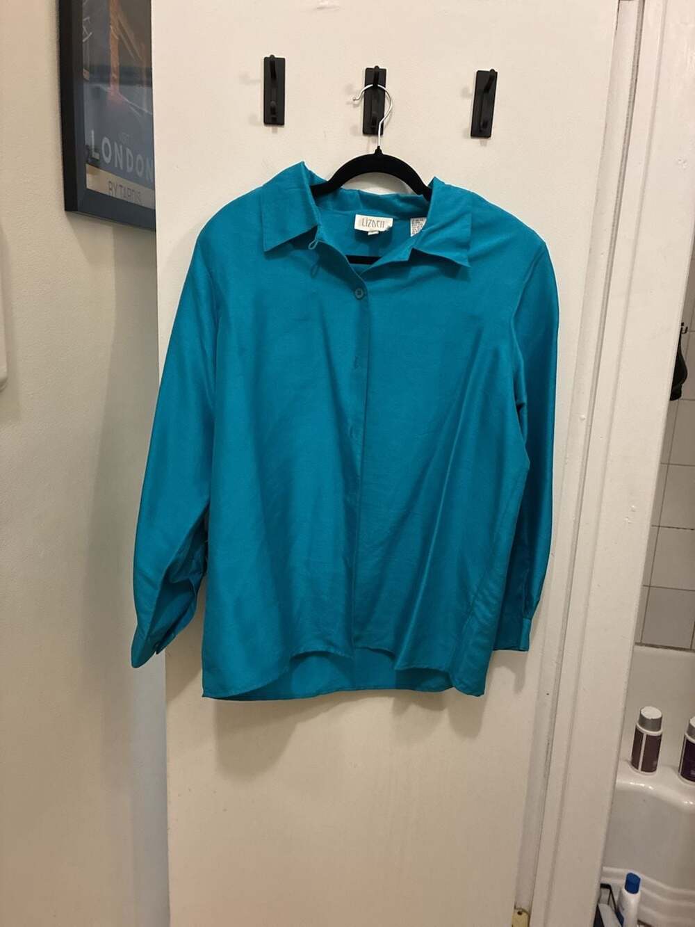 Vintage 1990s Lizden Silk Button Down Shirt Size L Teal